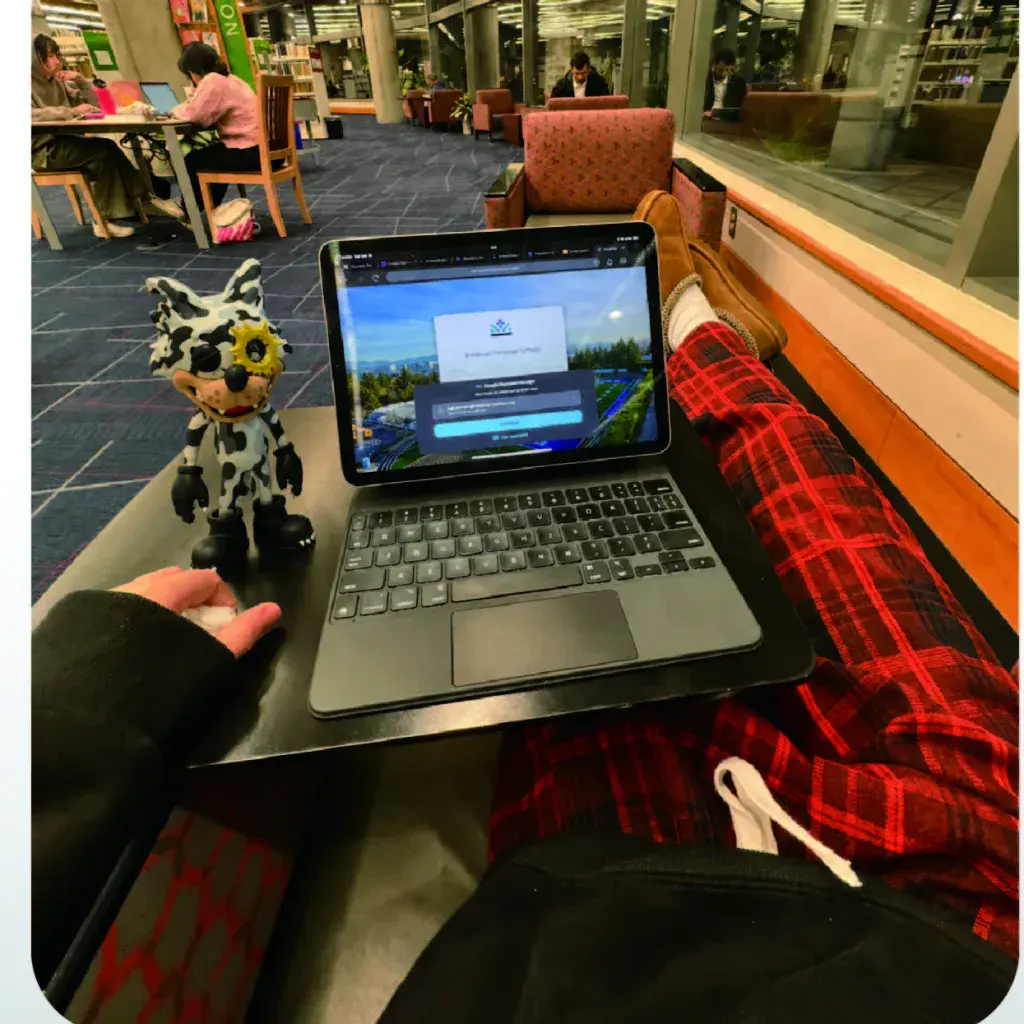 A real white-and-black hard-shell WOWNNY collectible beside a laptop in a university library study area