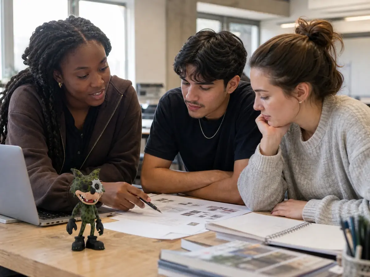 Young university students collaborating around notes with a small green hard-shell WOWNNY collectible