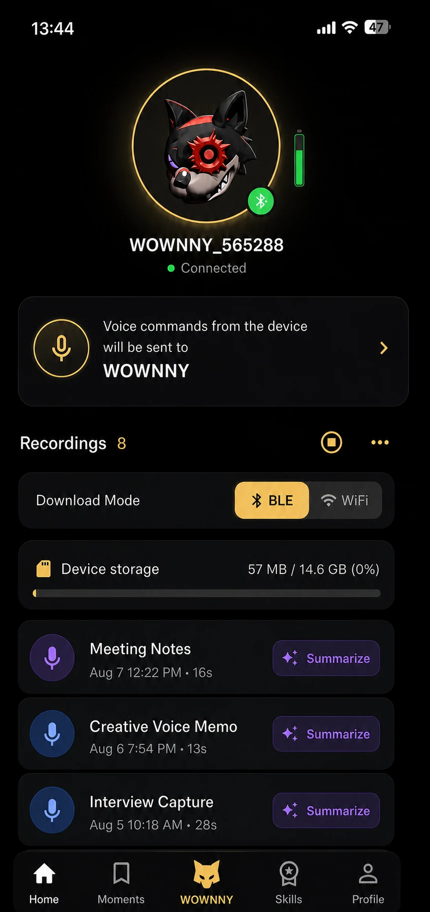 WOWNNY companion app showing a connected wolf device, BLE download mode, storage, recordings, and AI summaries