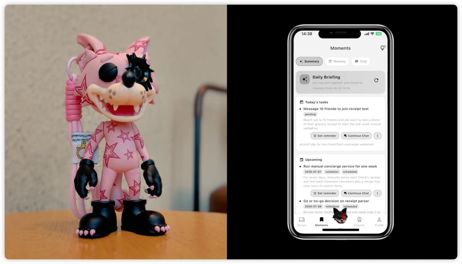 Pink hard-shell WOWNNY wolf collectible standing on a desk