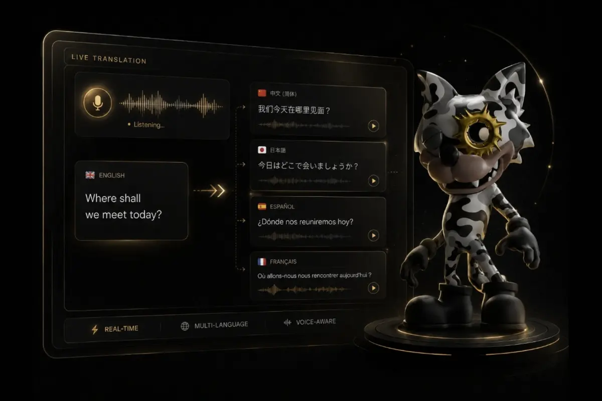 Concept interface showing spoken language translated into several languages beside a hard-shell WOWNNY collectible