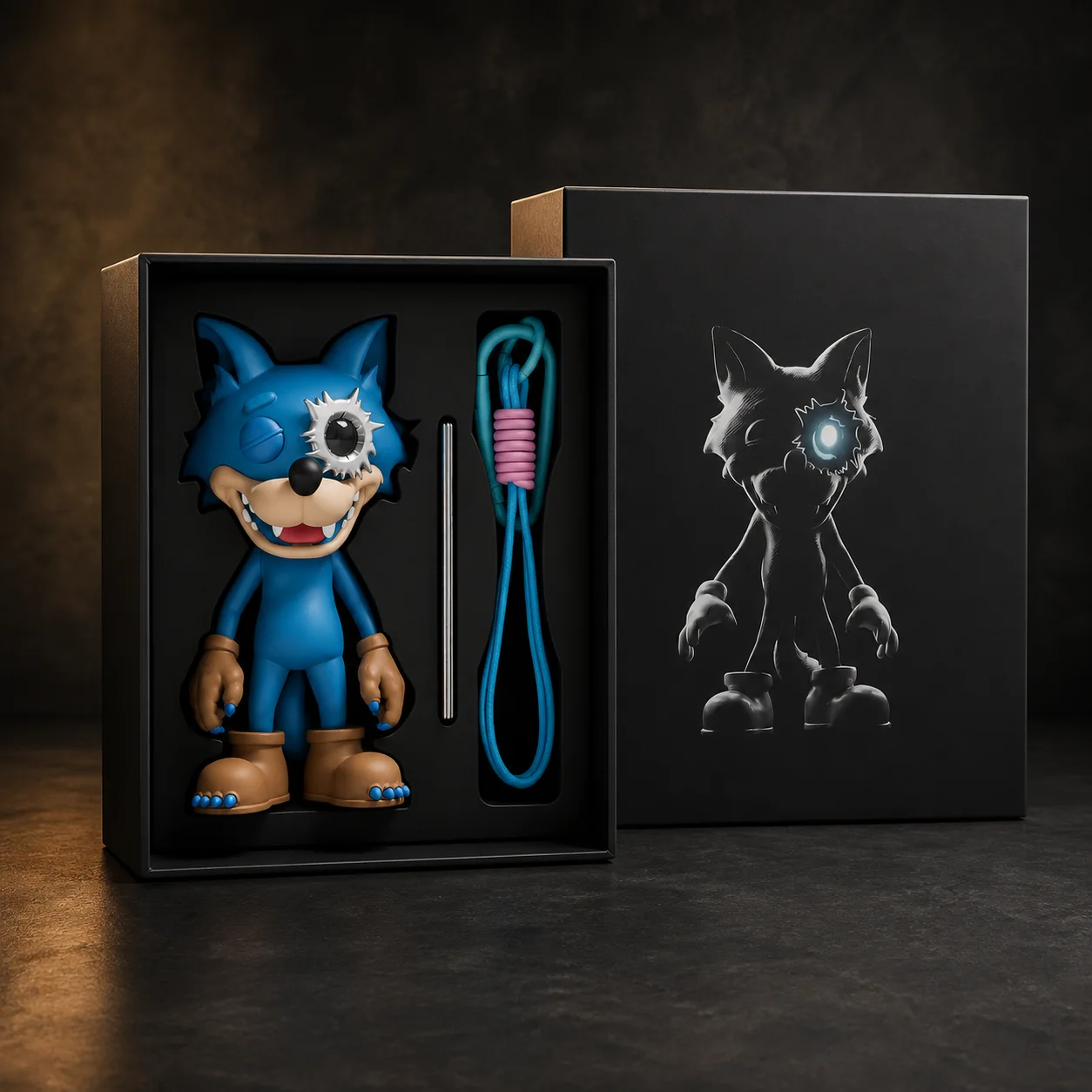 Concept WOWNNY product packaging with an open hard-shell display tray, blue collectible wolf, carry cord, and outer box