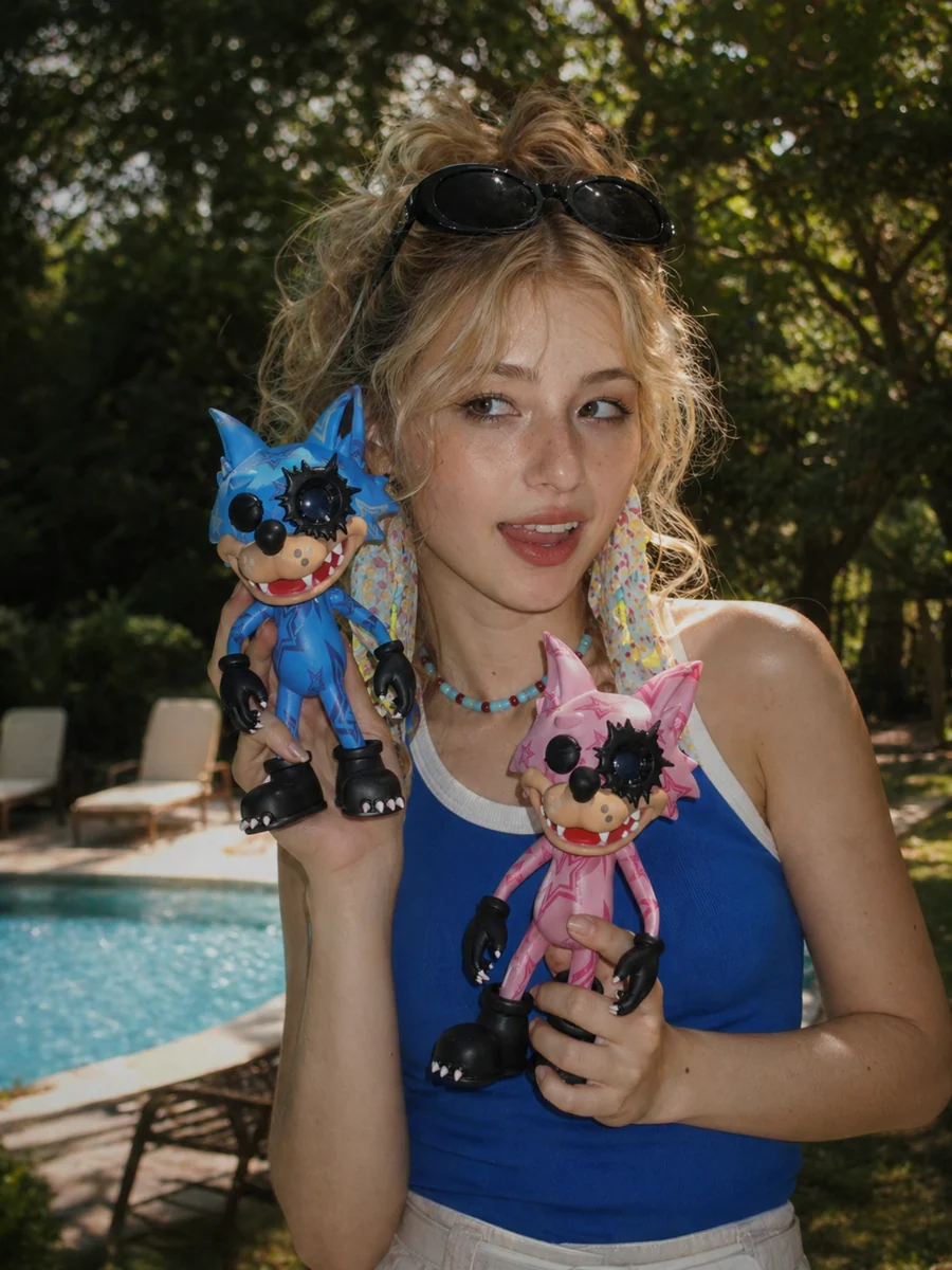 Creator holding blue and pink WOWNNY collectibles by a pool