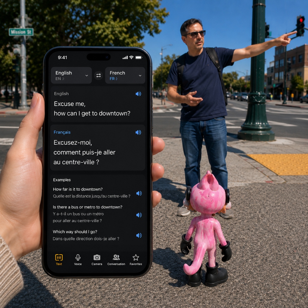 Real-time translation in action — WOWNNY pink mascot with iPhone translator on city street